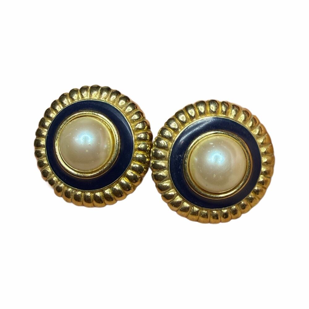 Vintage Imitation Pearl Earrings: Navy Blue Enamel Gold Tone Monet